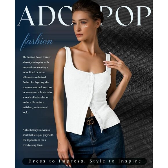 Adorpop Womens White Ribbed Sleeveless Blouses Button Down Henley Shirts - Picture 2 of 5